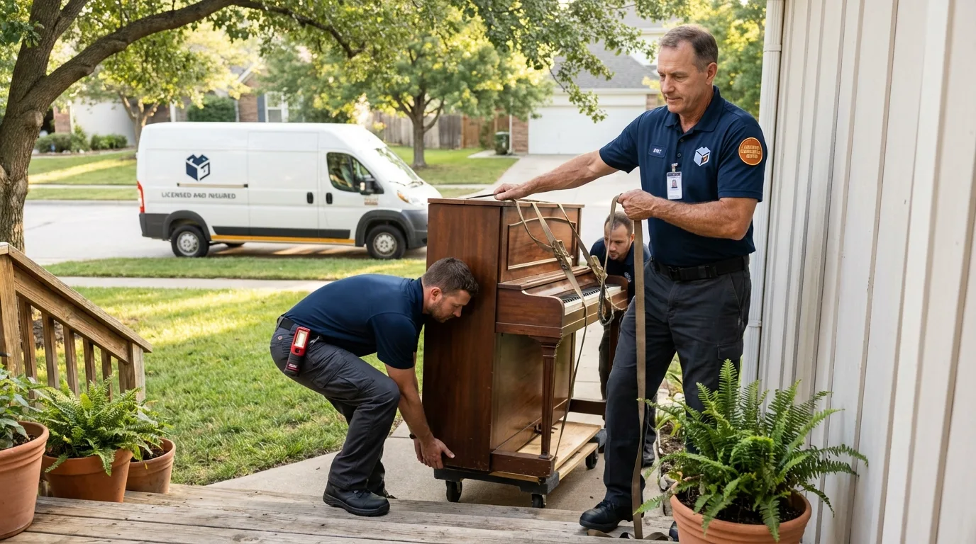 Licensed piano movers securing grand piano in Bellingham, WA