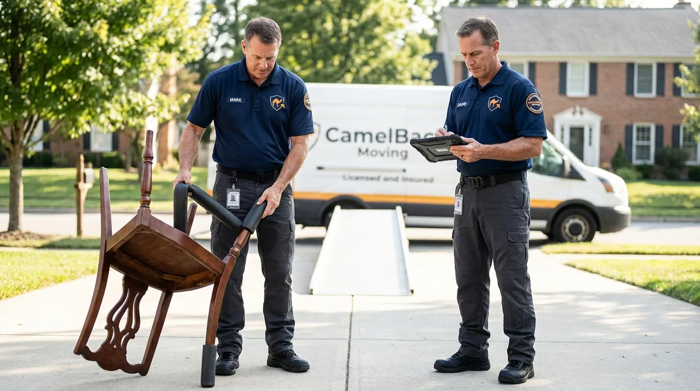 Movers inspecting furniture for damage prevention before loading in Bellingham, WA