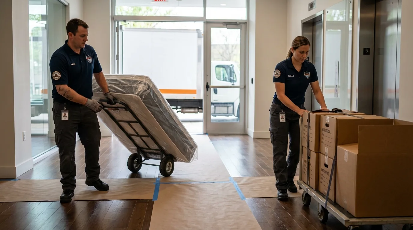 Professional apartment movers loading elevator in Bellingham, WA