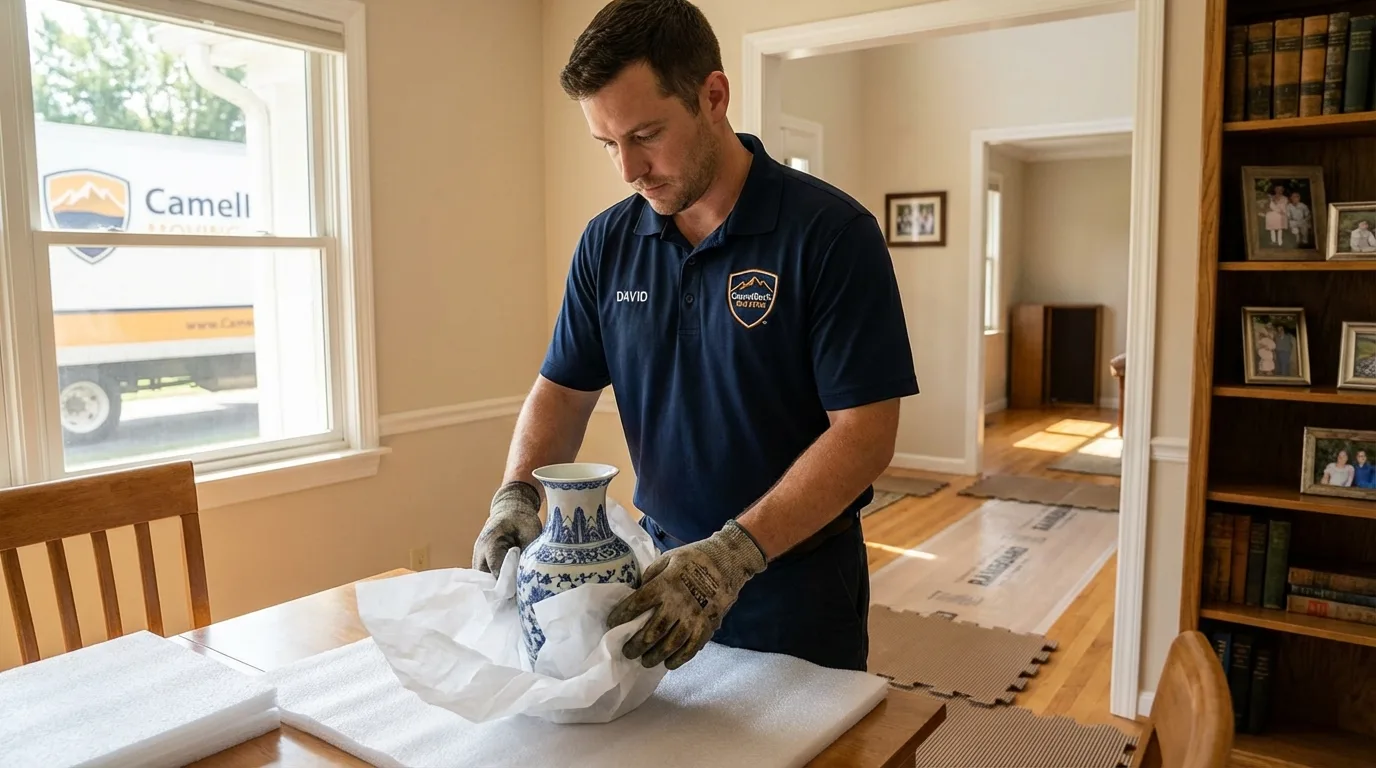 Professional crew carefully wrapping antique vase for senior downsizing move in Bellingham, WA